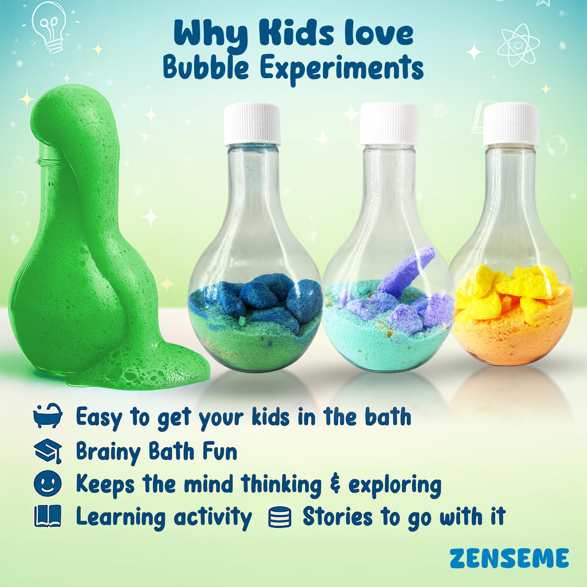 ZenseMe bath powder creates colorful, non-staining foam for curious kids.