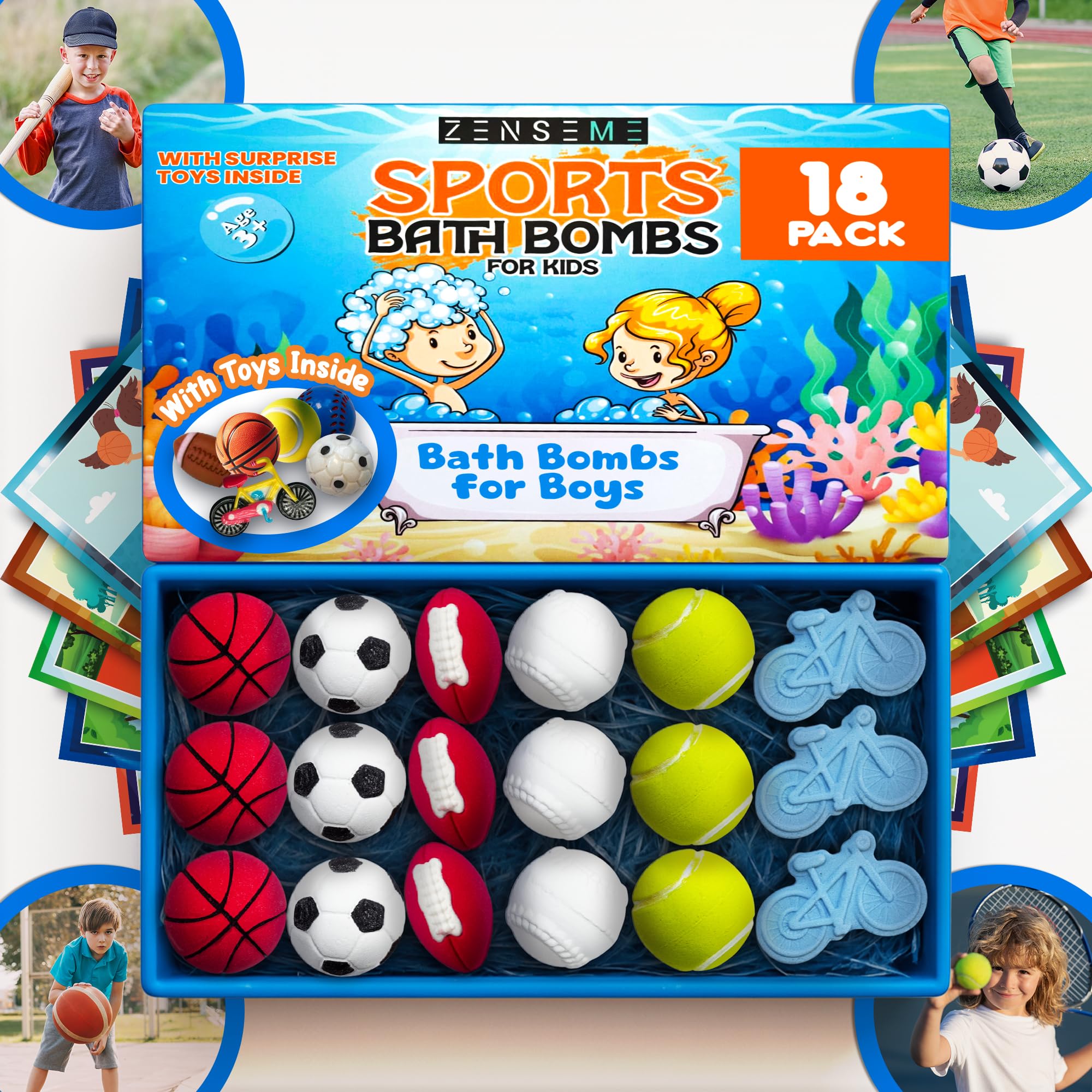ZenseMe sports bath bombs gift box with vibrant fizz for kids