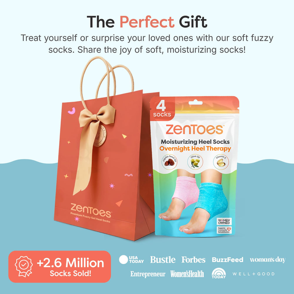 ZenToes moisturizing socks fuzzy blue pink package scene suggest spa-like gift appeal.