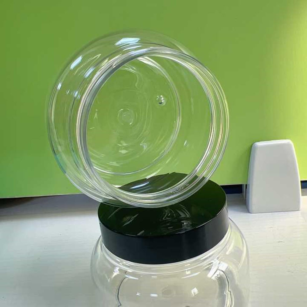 Zentriqlla round sample jars display contents attractively on shelves.
