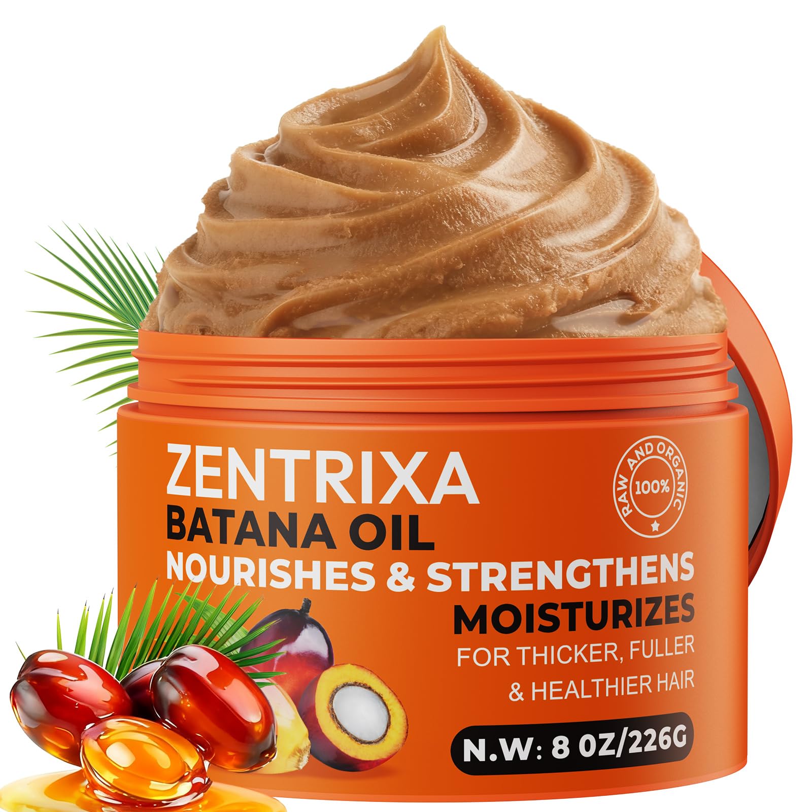 ZENTRIXA Batana Oil jar shows pure organic formula for nourished hair.
