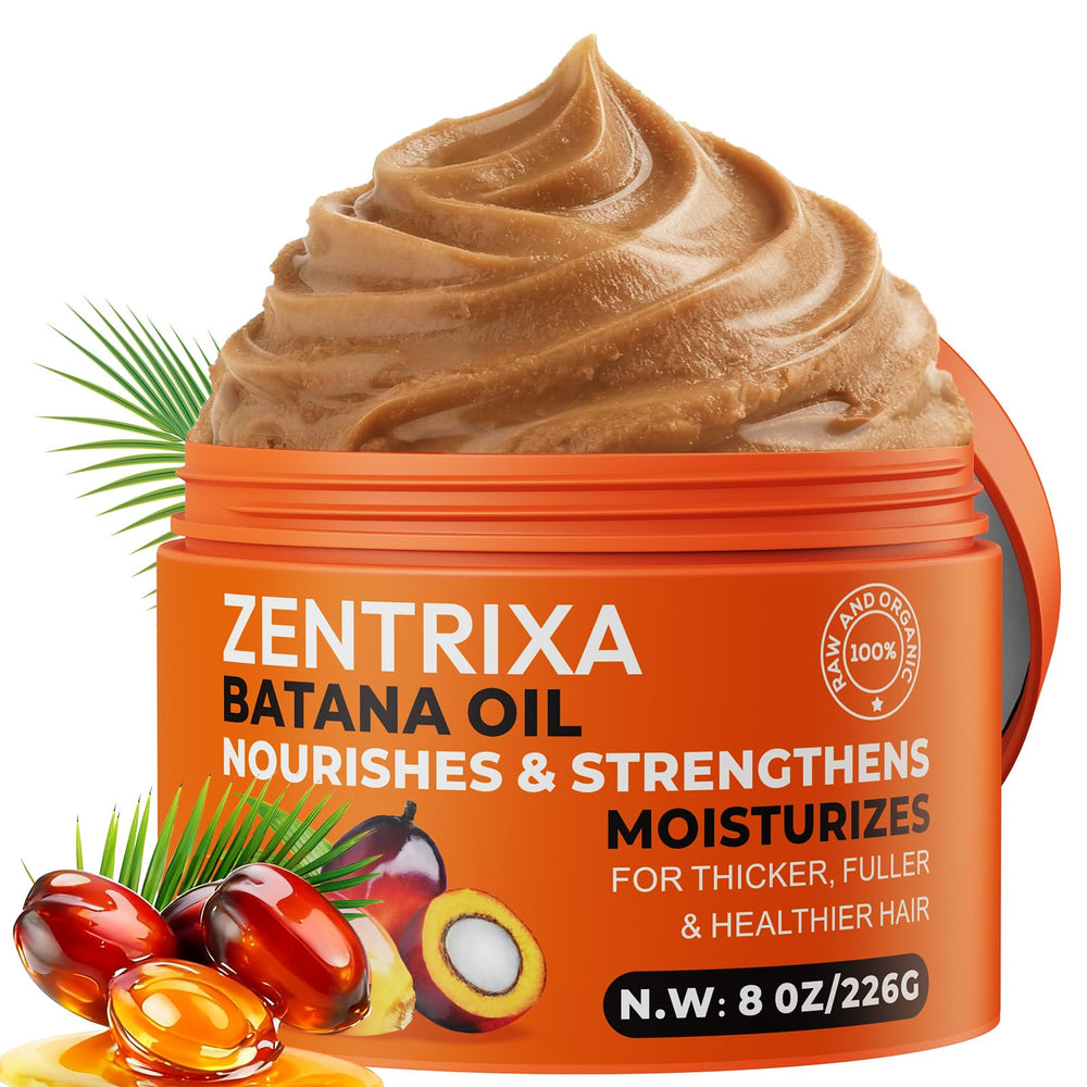 ZENTRIXA Batana Oil jar shows pure organic formula for nourished hair.