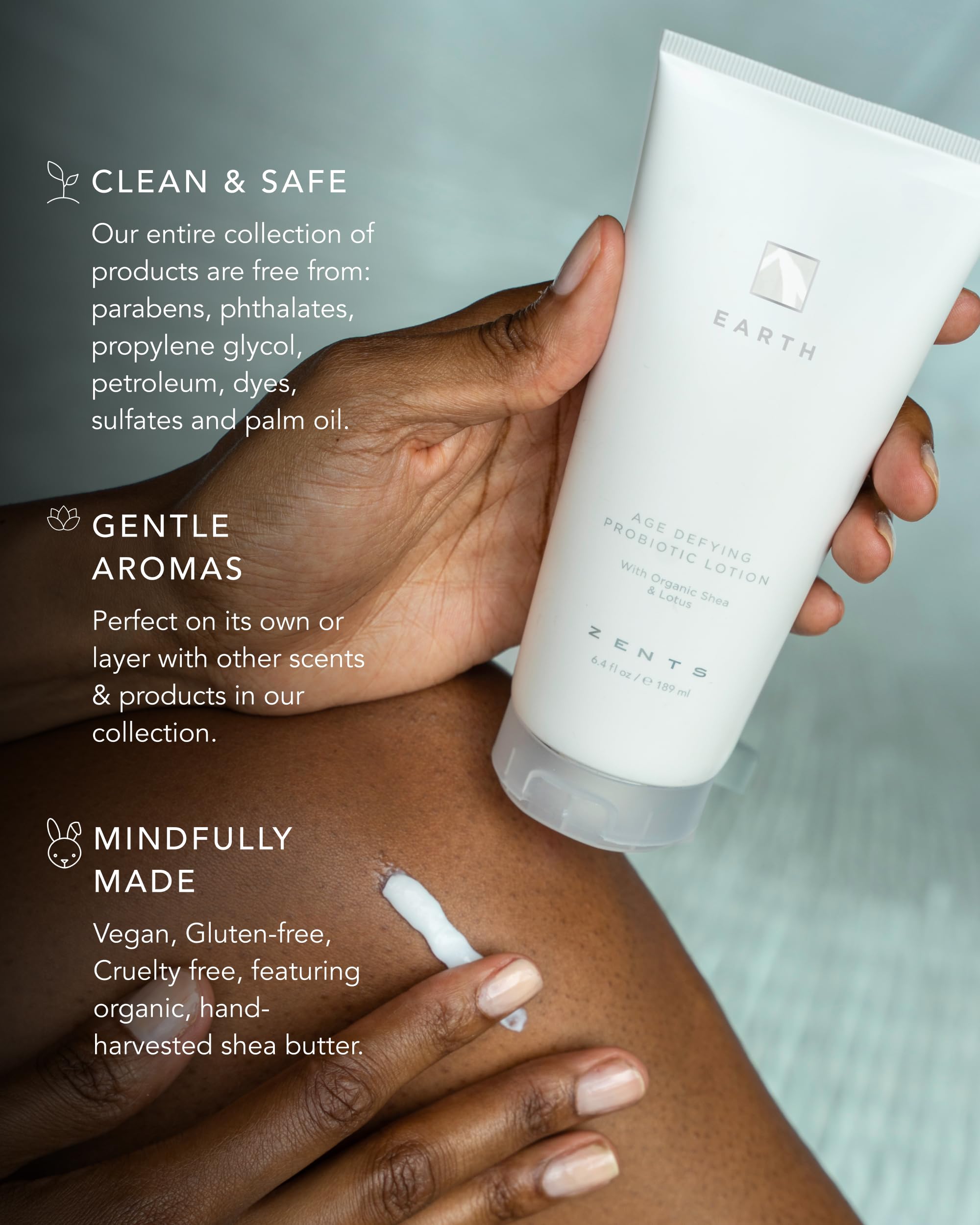 Zents Age-Defying Probiotic Body & Hand Lotion Earth pump dispensing moisture quickly.