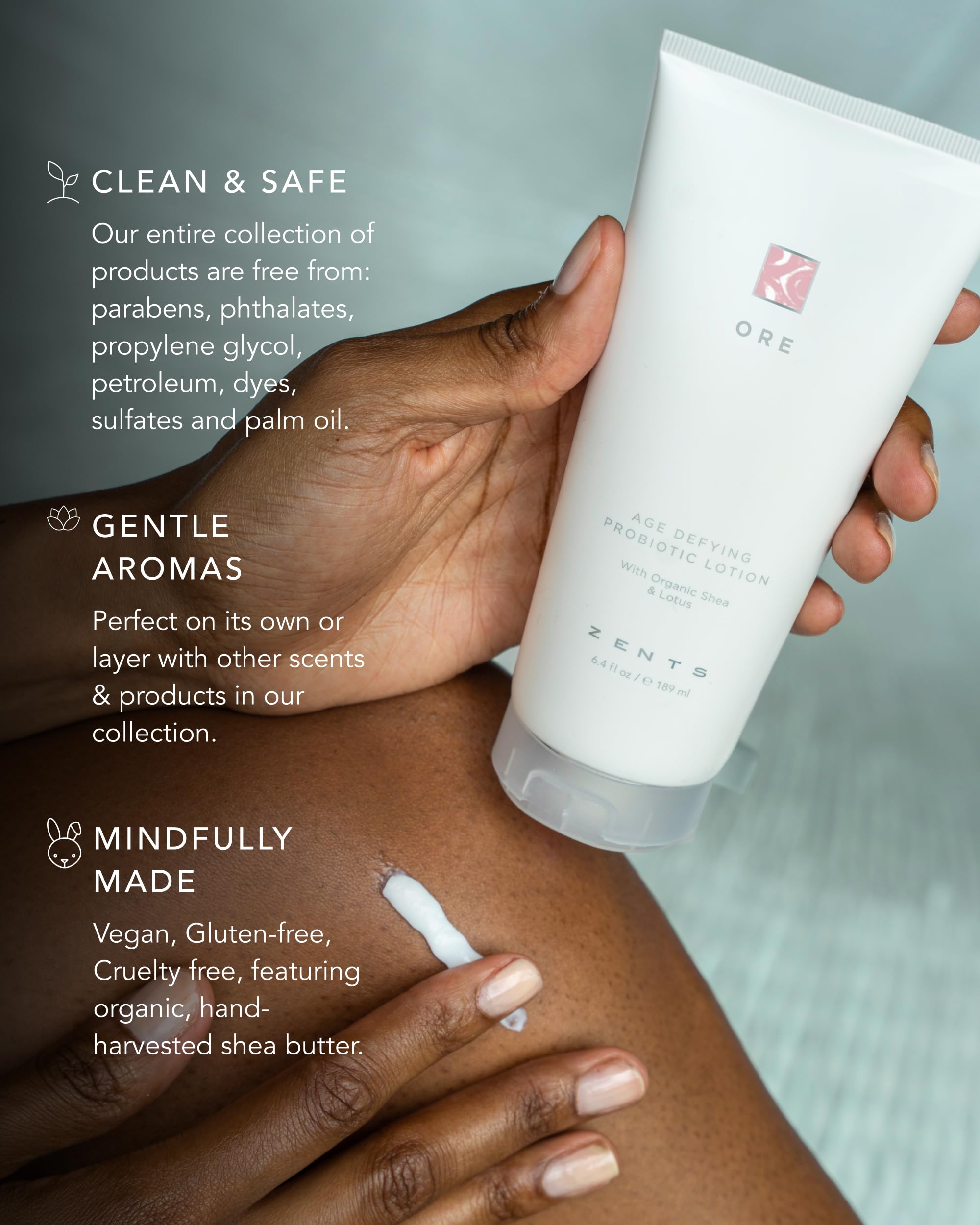 Zents Ore hand application image showing creamy lotion gliding onto damp skin