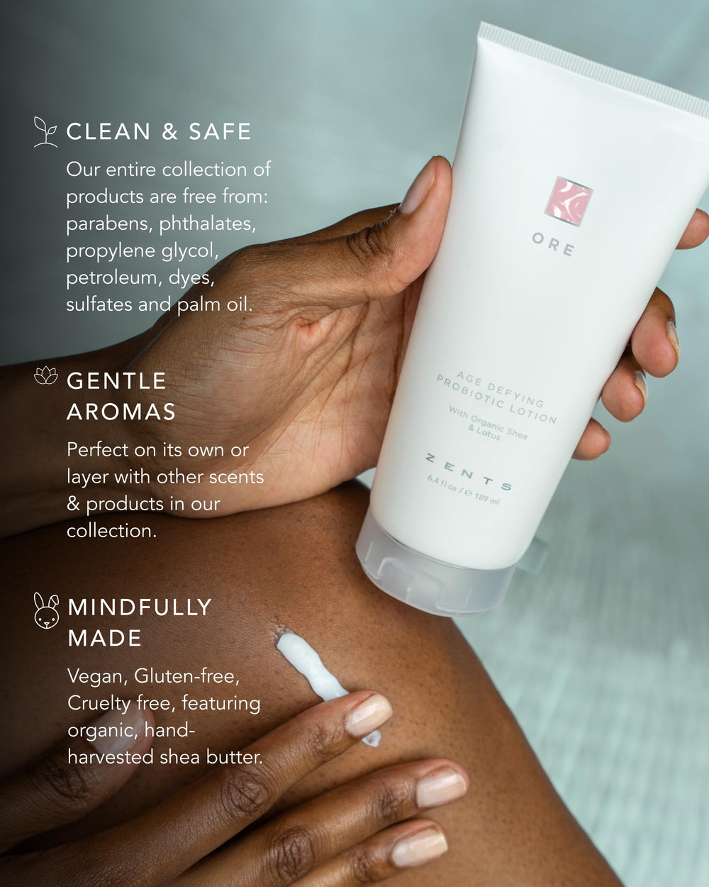 Zents Ore hand application image showing creamy lotion gliding onto damp skin