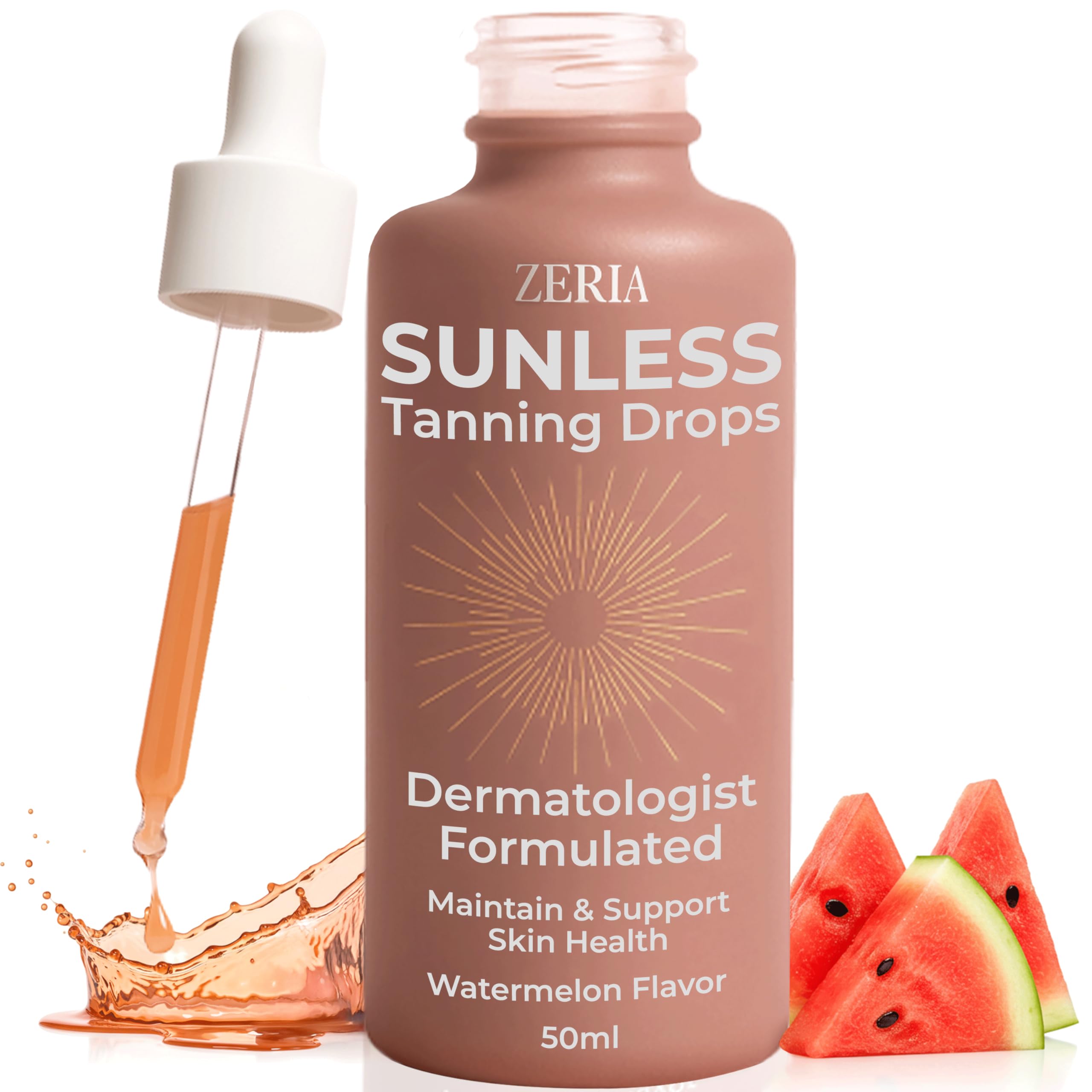 Zeria Tanning Drops bottle close-up showcases vegan, edible self-tanner for gradual color.
