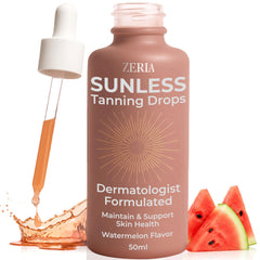 Zeria Tanning Drops bottle close-up showcases vegan, edible self-tanner for gradual color.