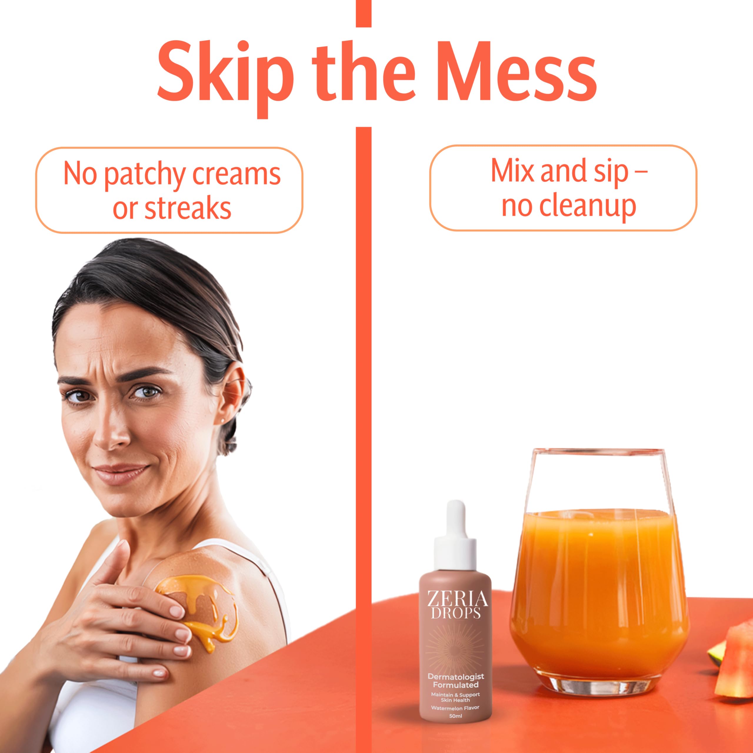 Zeria Tanning Drops dosing droppers illustrate custom shade control.