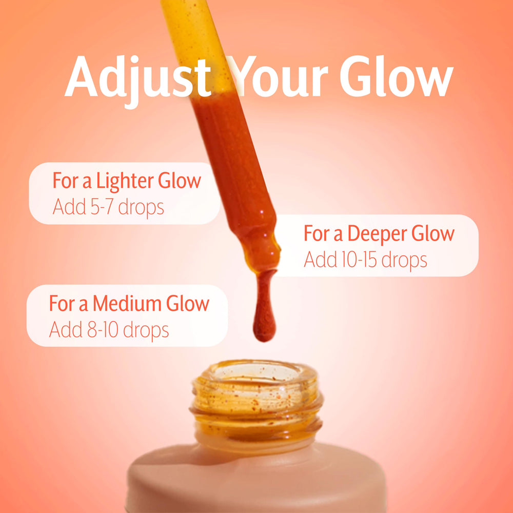 Zeria Tanning Drops on face demonstrate glow, hydration, and brightening potential.