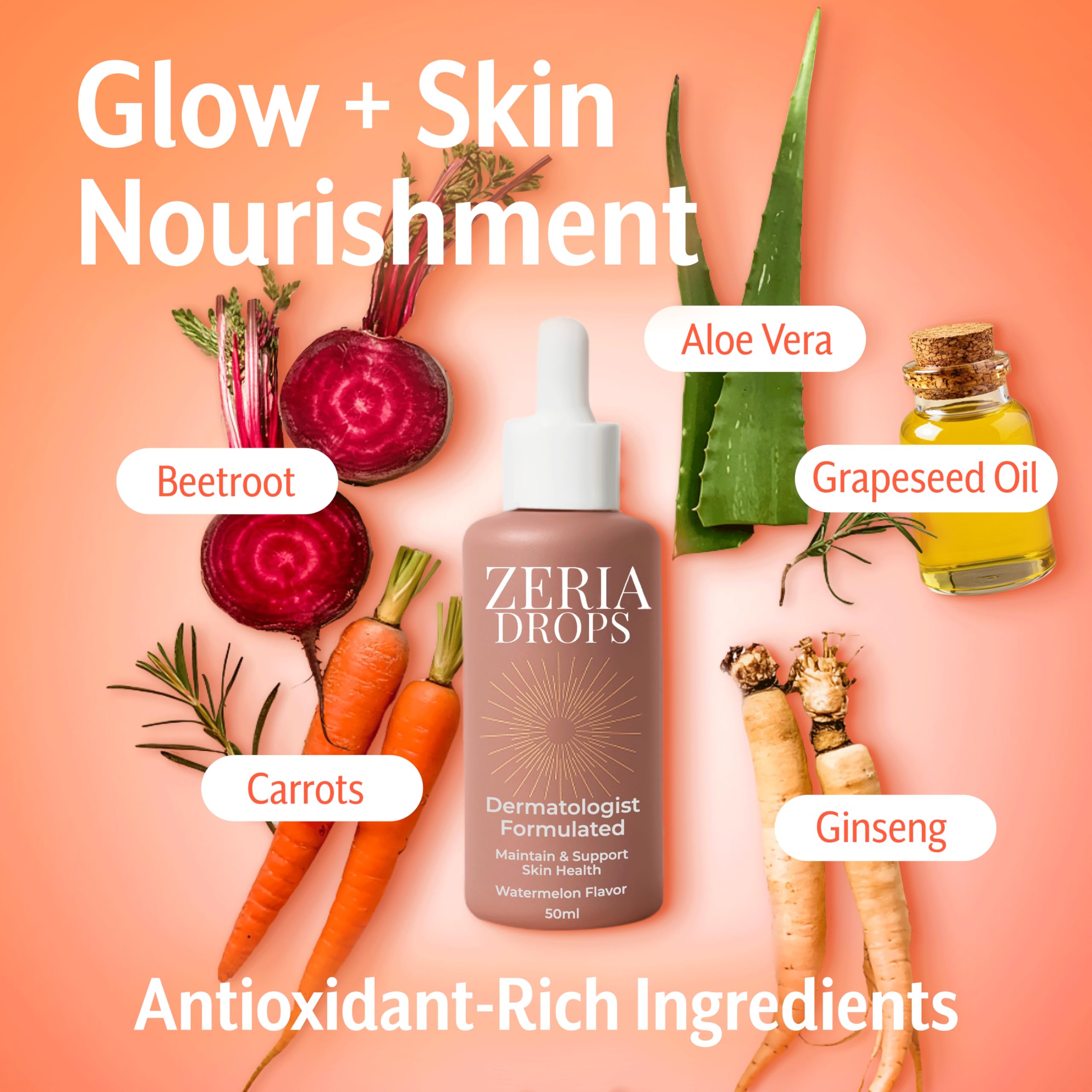 Zeria Tanning Drops ingredients concept highlights vegan beta-carotene and copper gluconate.