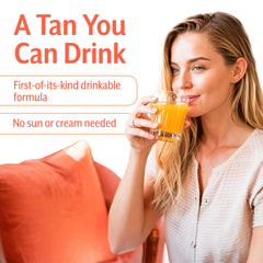 Zeria Tanning Drops poured into a glass demonstrate drinkable tanning for gradual sunless color.