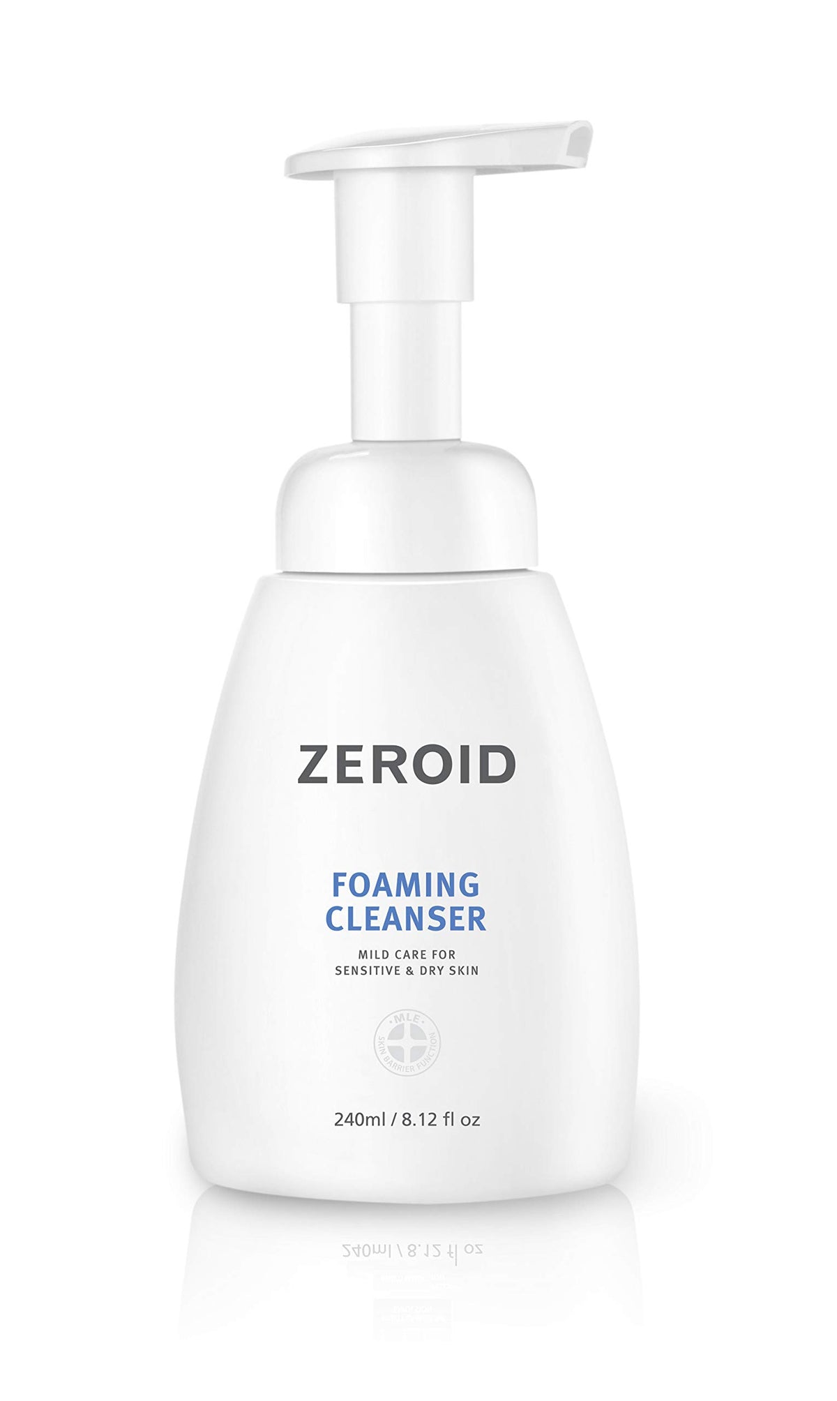 ZEROID foaming cleanser bottle showing rich foam for gentle daily cleansing.