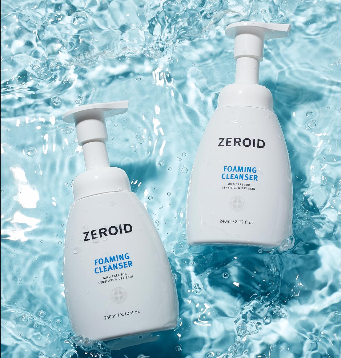 ZEROID foaming cleanser packaging emphasizes fragrance-free, irritant-free formula.