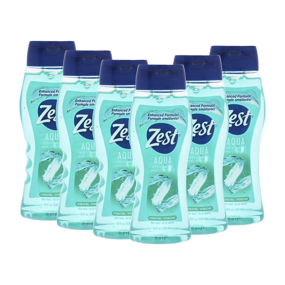 Zest Aqua bodywash bottle delivering hydrating cleanse with vitamin E for all skin types.