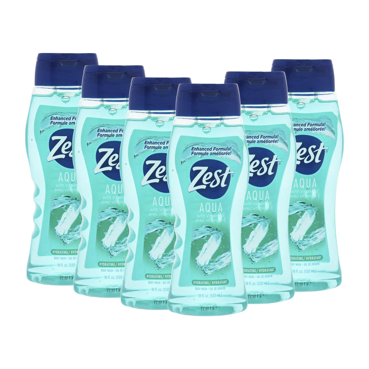 Zest Aqua bodywash bottle delivering hydrating cleanse with vitamin E for all skin types.