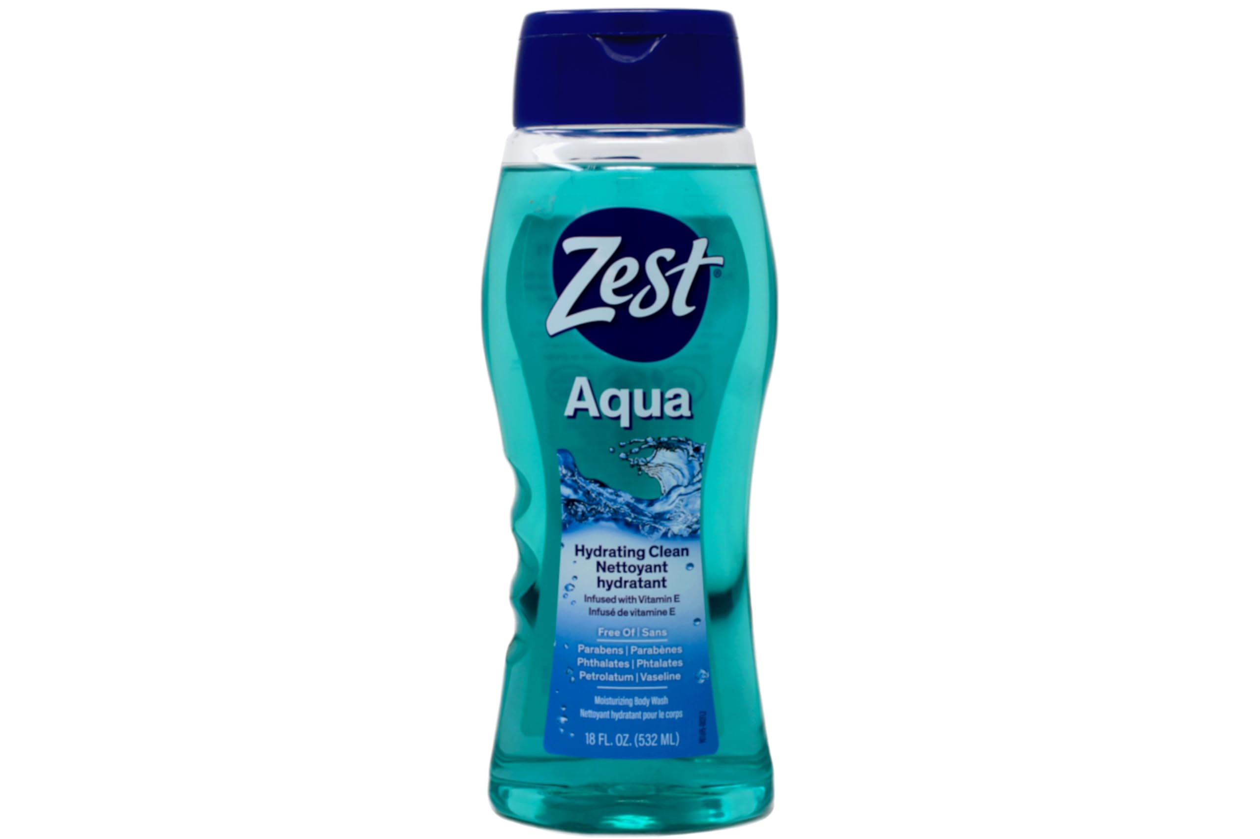 Zest Aqua body wash back view highlighting brand and usage cues