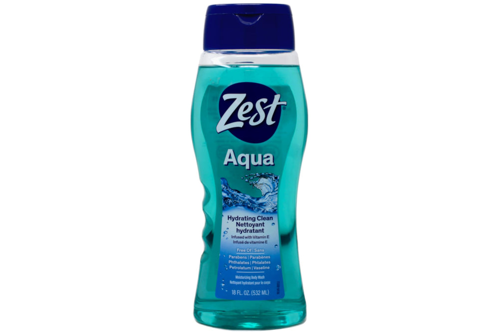 Zest Aqua body wash back view highlighting brand and usage cues