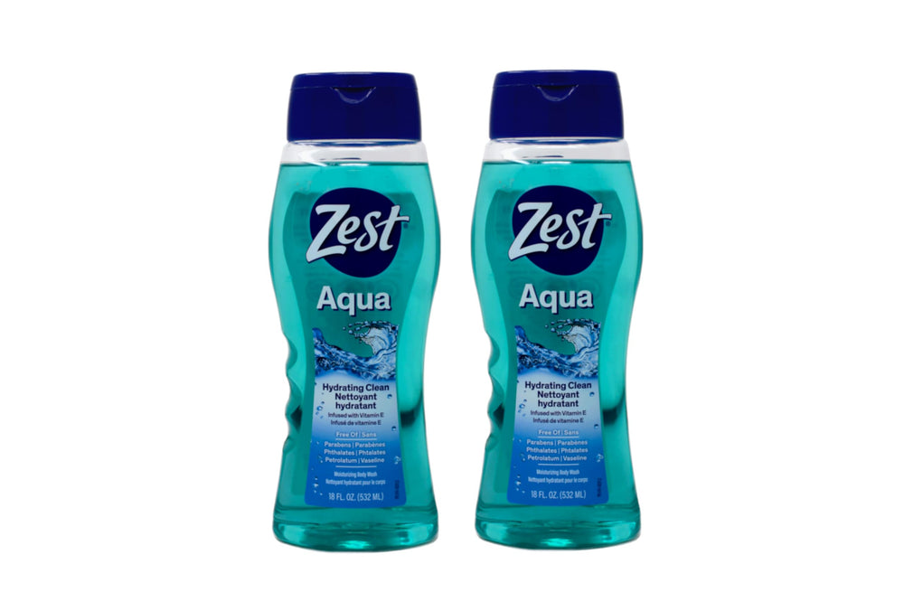 Zest Aqua body wash front view in a 2-pack showing refreshing scent for daily showers