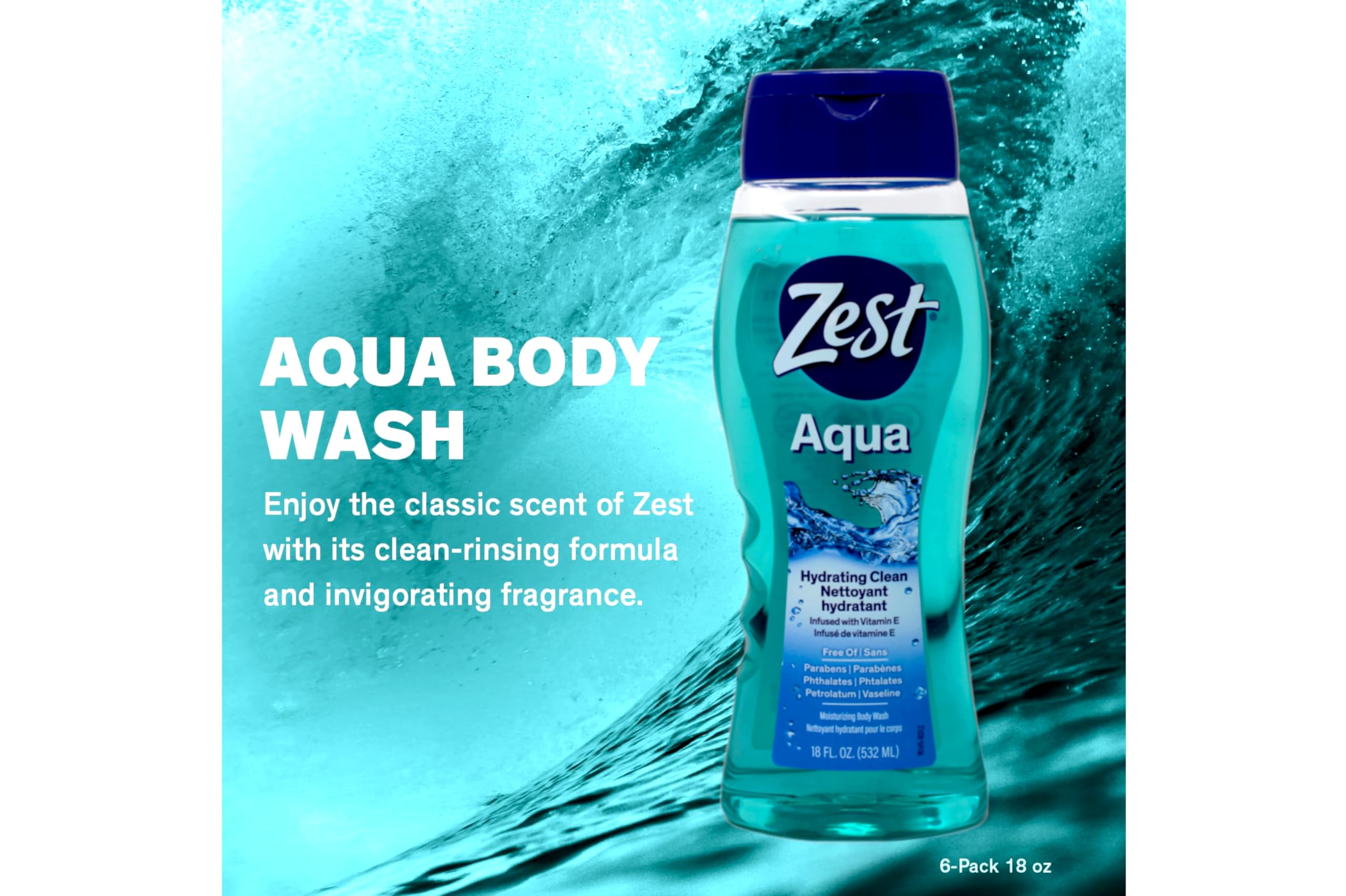 Zest Aqua 2-pack close-up on bottles and packaging