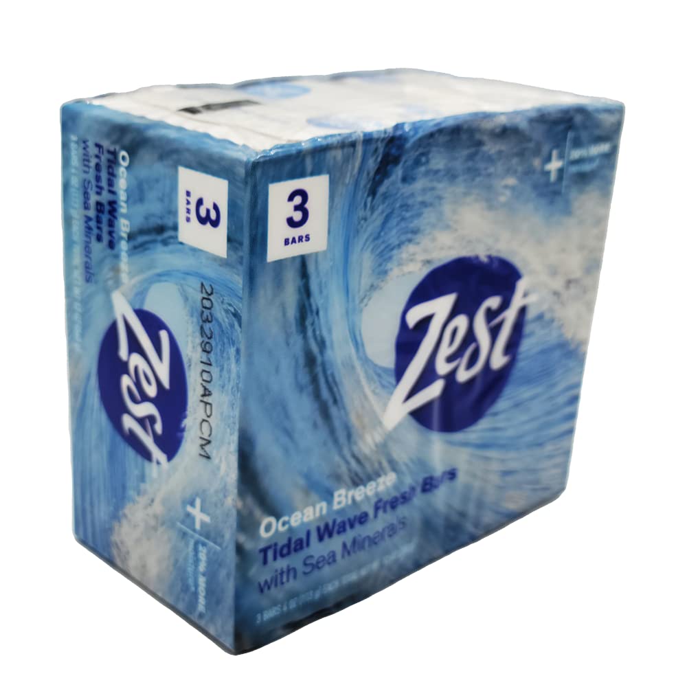 Zest Ocean Breeze bar soap pack front shows three 12 oz bars ready for daily wash.