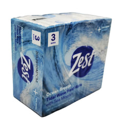 Zest Ocean Breeze bar soap pack front shows three 12 oz bars ready for daily wash.