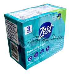 Zest Refreshing Aqua Bars pack of three soaps, Vitamin E for daily freshness and odor control.