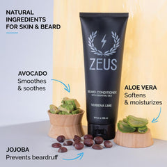 ZEUS Beard Conditioner Wash green tea jar highlights natural ingredients for hydrated beard.