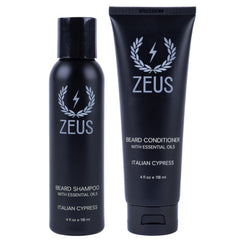 ZEUS Italian Cypress Beard Wash Set bottles highlight dual cleansing to hydrate and soften beard hair