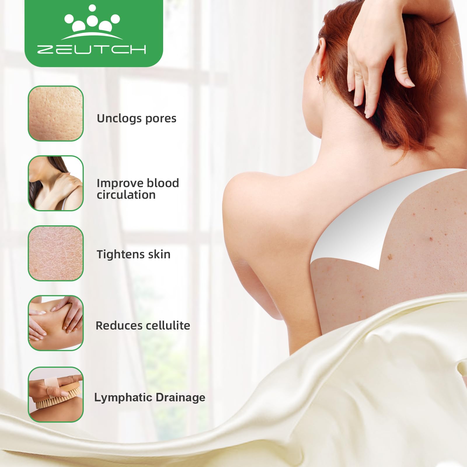 Zeutch long-handle exfoliating brush demonstrates easy reach for back and shoulders.