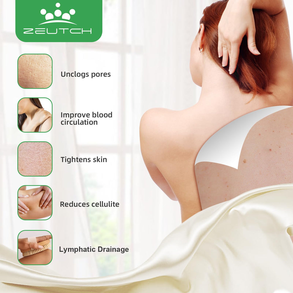 Zeutch long-handle exfoliating brush demonstrates easy reach for back and shoulders.