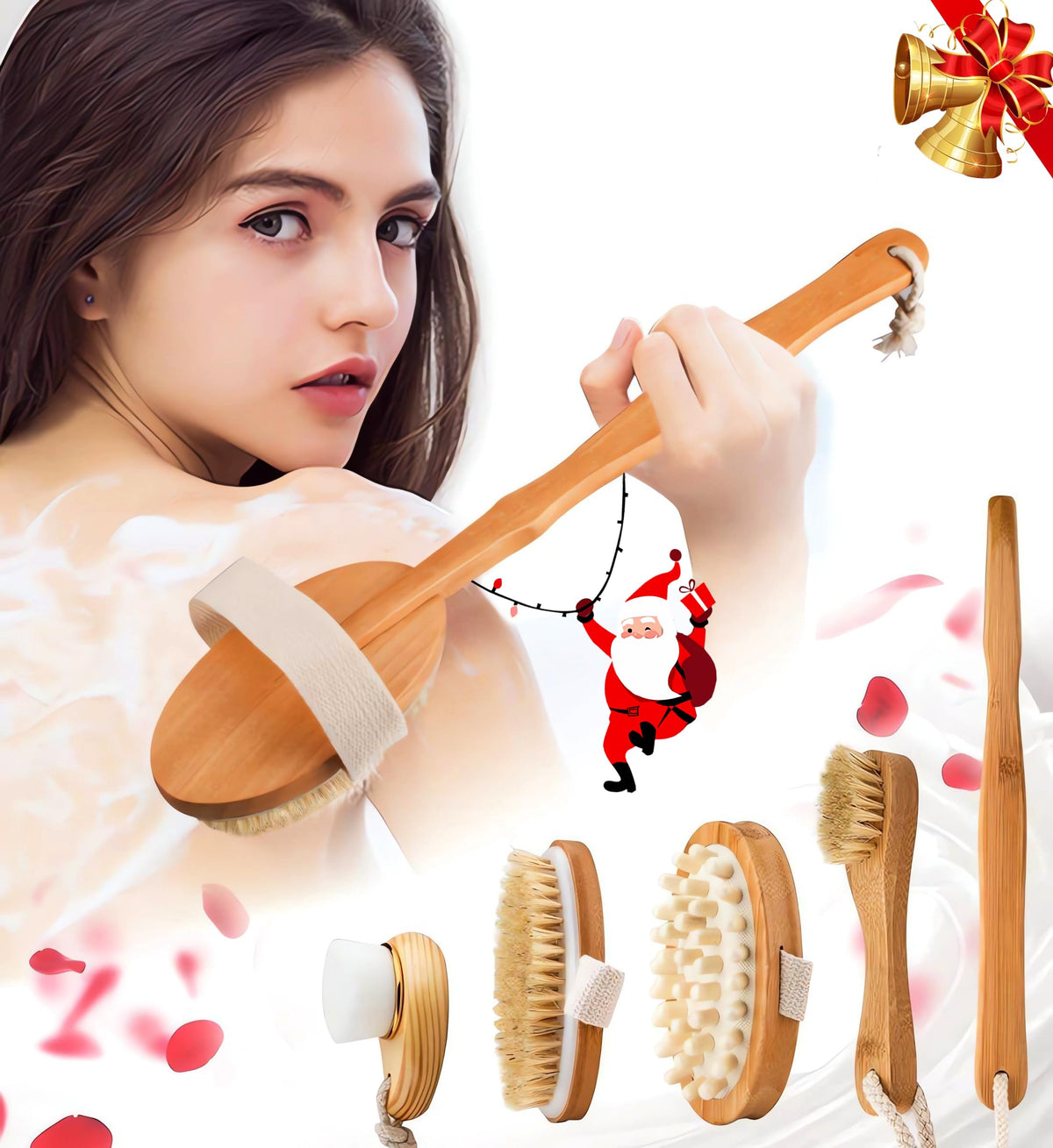 Zeutch Premium Dry Brushing Body Brush Set shown in a spa-like setup for exfoliation.