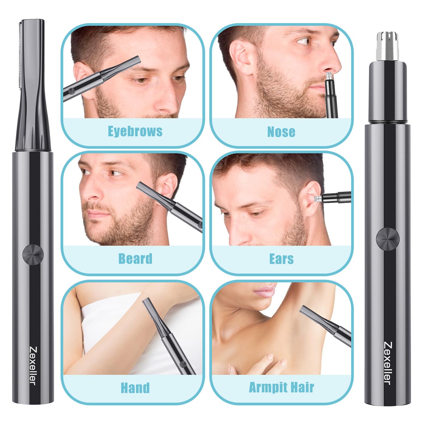 ZEXELLER eyebrow trimmer detail highlights safe 0.12mm blade for gentle shaping.