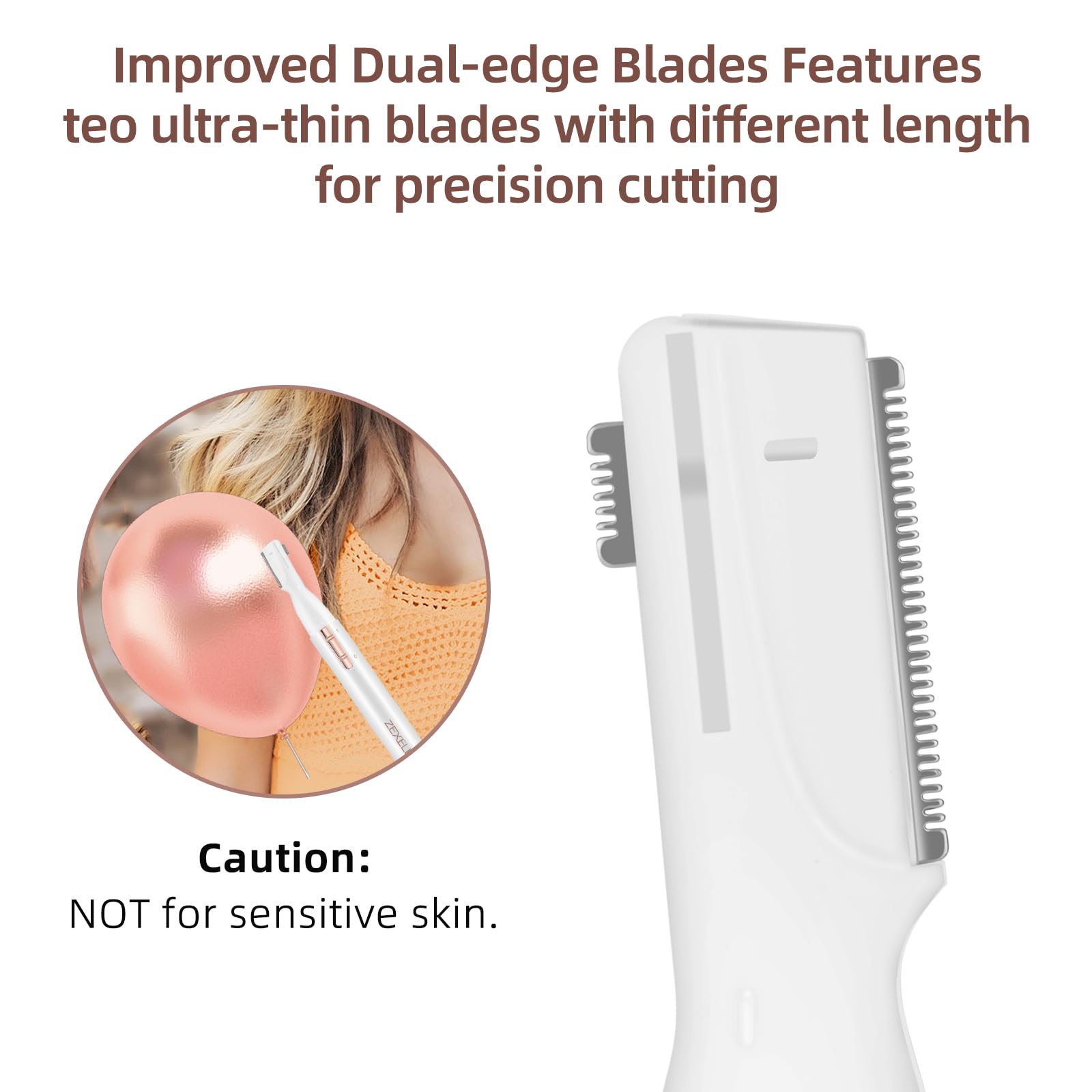 ZEXELLER Upgraded Eyebrow Trimmer handle close-up highlights precise trimming.