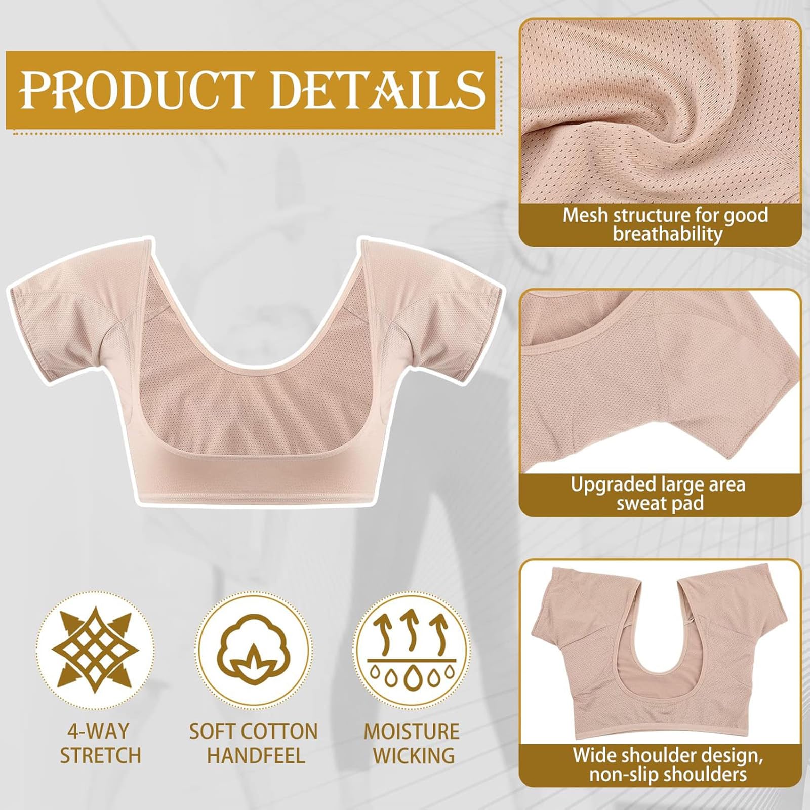 Zhanmai underarm sweat vest beige front view highlights elastic, comfortable all-day fit.