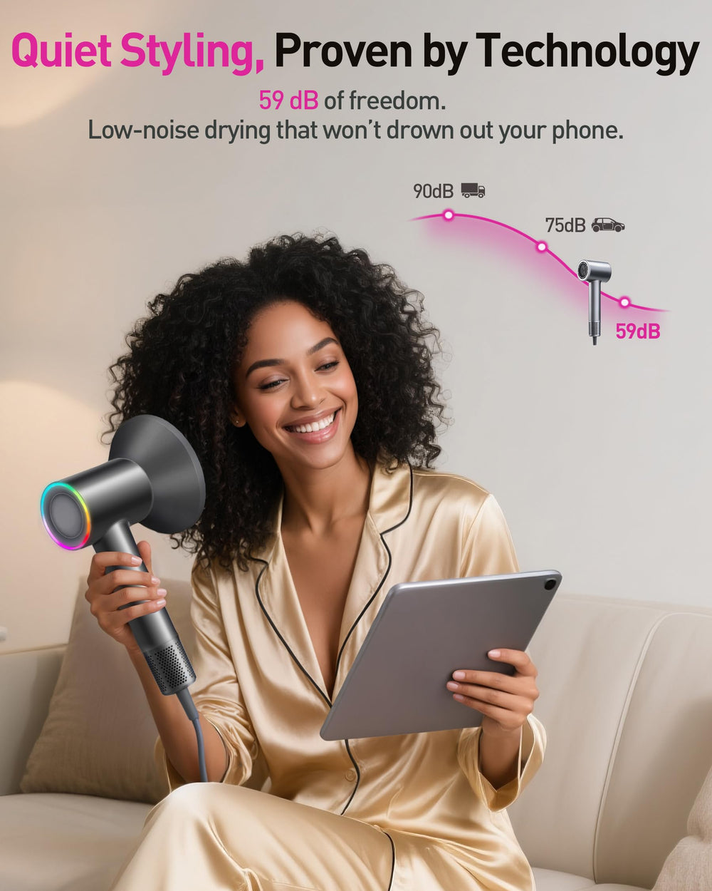 Zibtes diffuser attachment enables curl-friendly styling with even heat distribution.