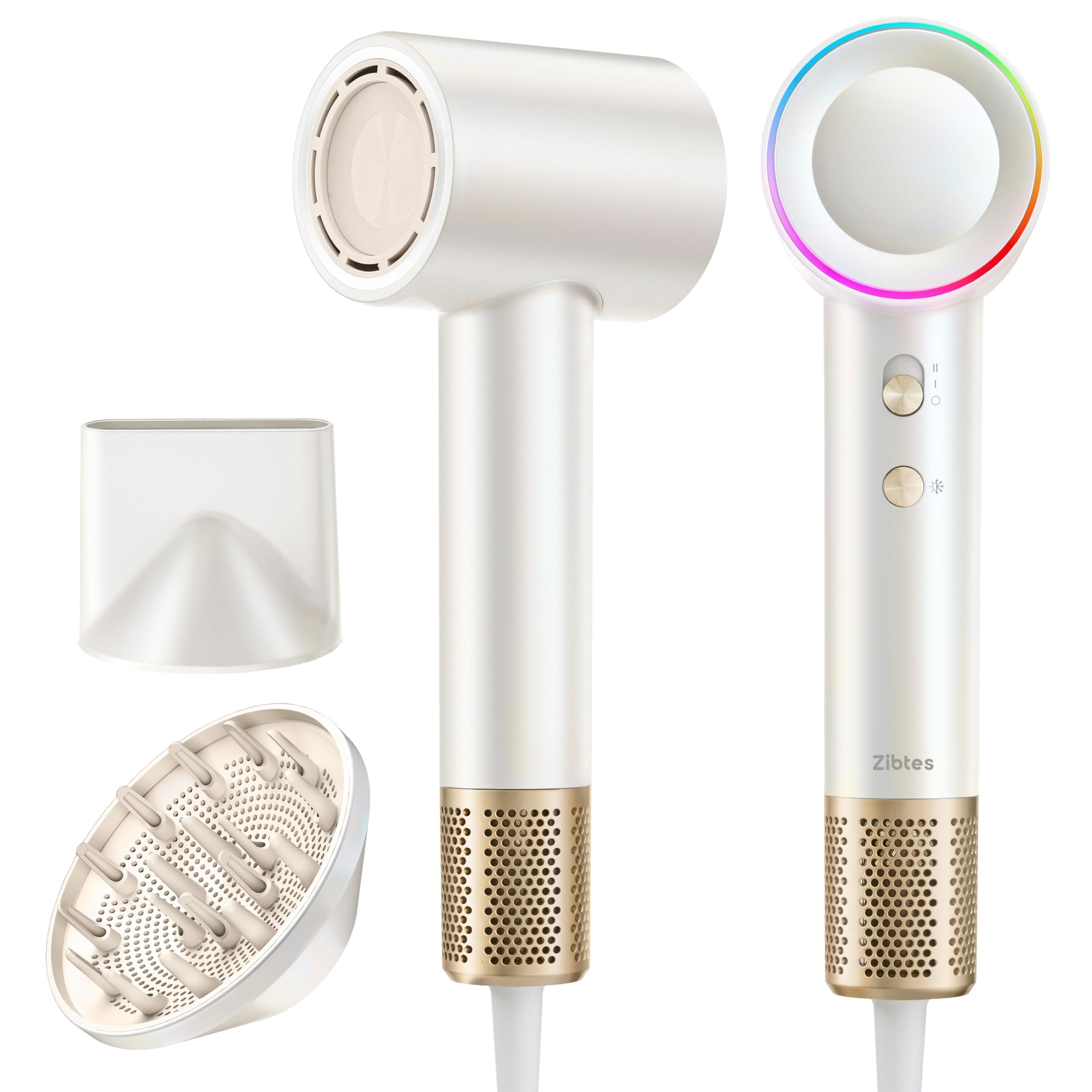 Zibtes high-speed hair dryer front view highlights compact, quick-styling capability