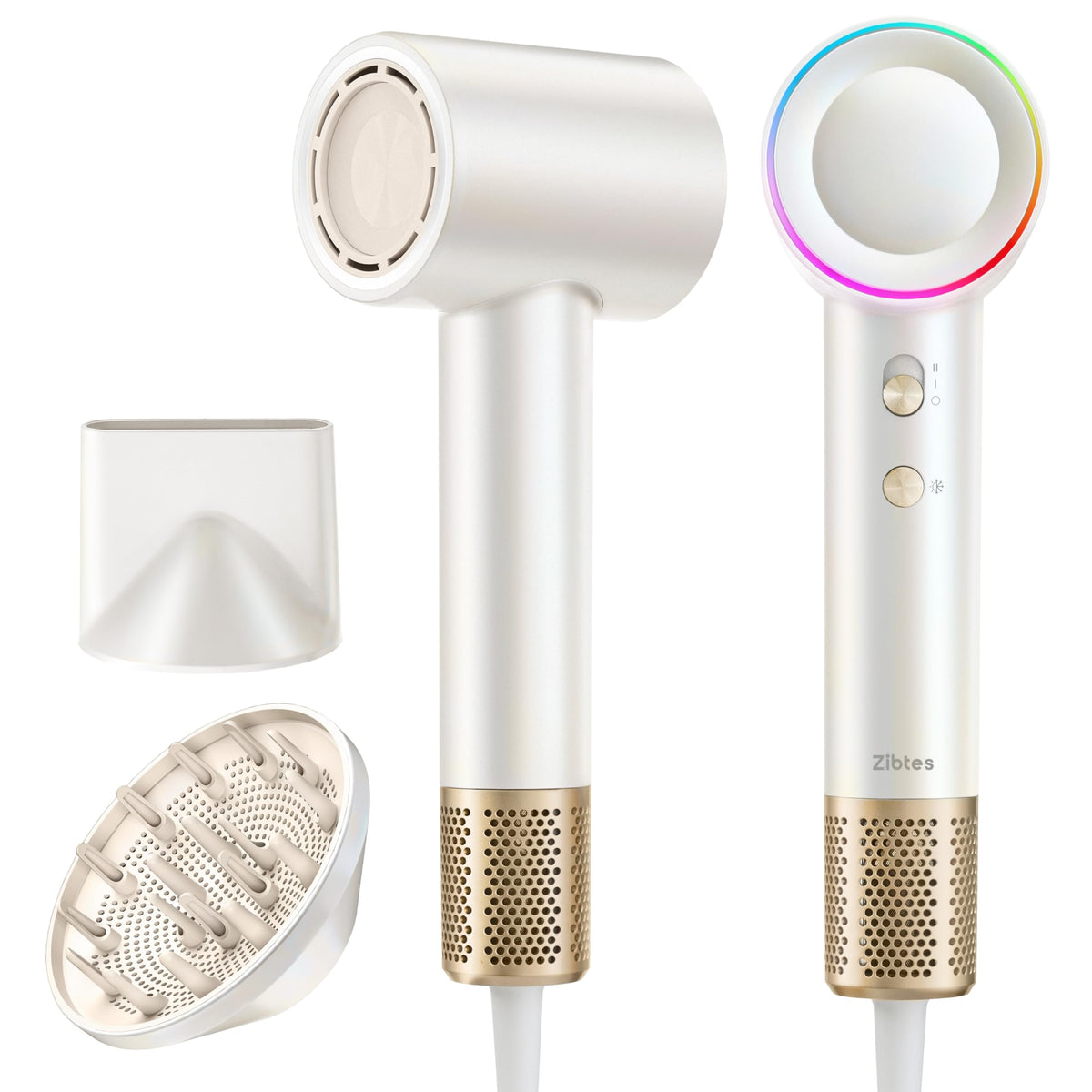 Zibtes high-speed hair dryer front view highlights compact, quick-styling capability