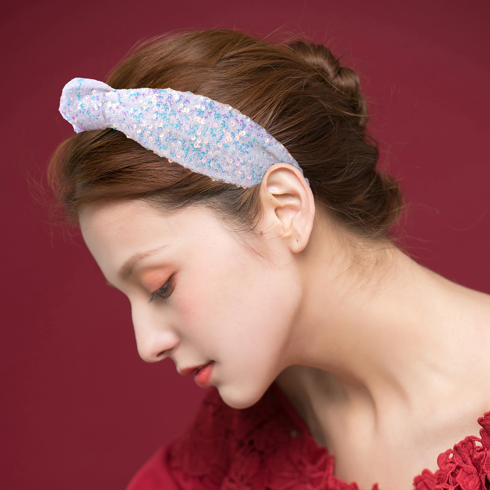 Zifengcer knotted headbands close-up sequin detail.