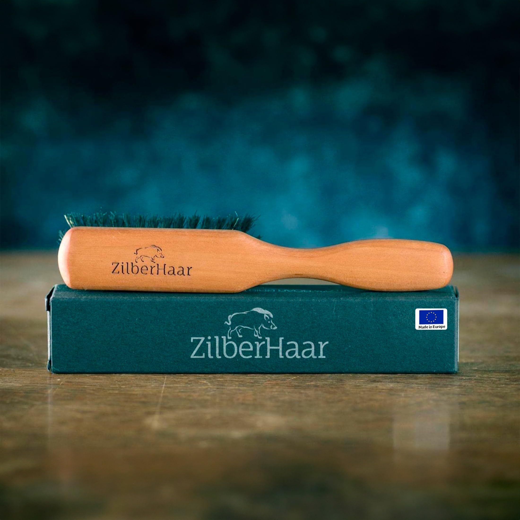 ZilberHaar beard brush solid wood handle ensures steady grip during styling.