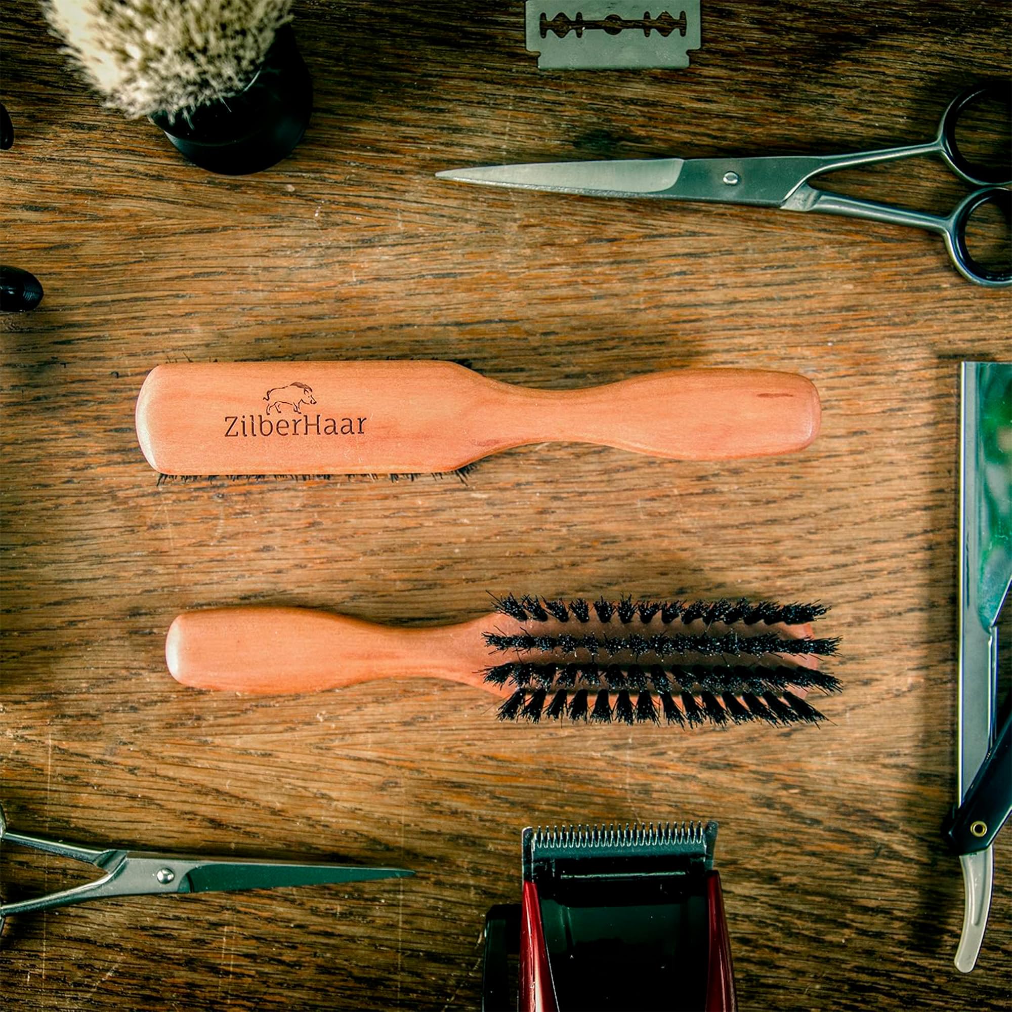 ZilberHaar Regular Beard Brush stored neatly in a beard care kit.