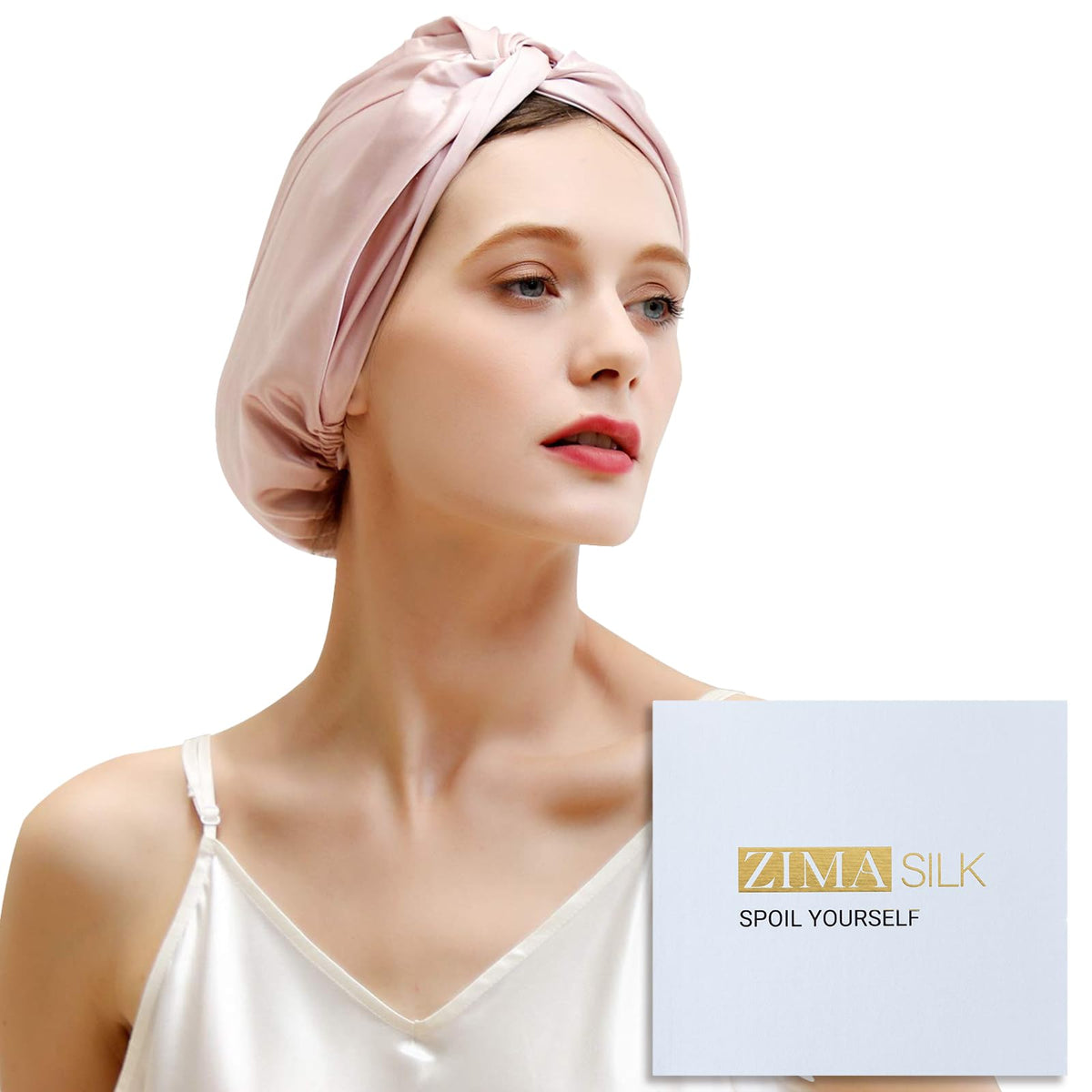ZIMASILK 22momme silk bonnet pink side view for smooth, frizz-minimizing sleep