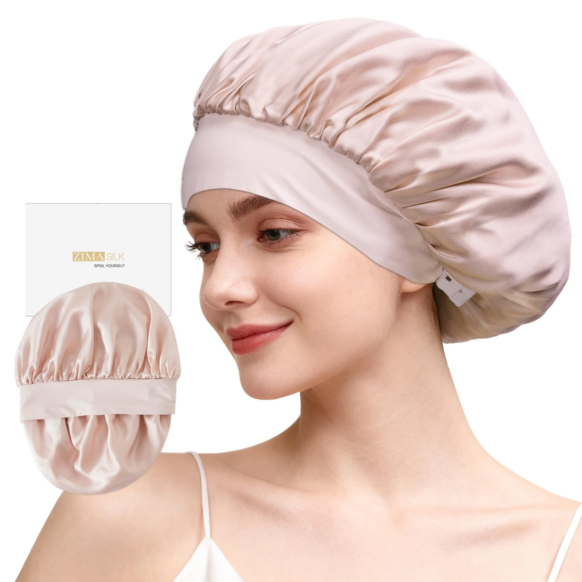 ZIMASILK adjustable bonnet pink button close-up for secure non-slip night wear.
