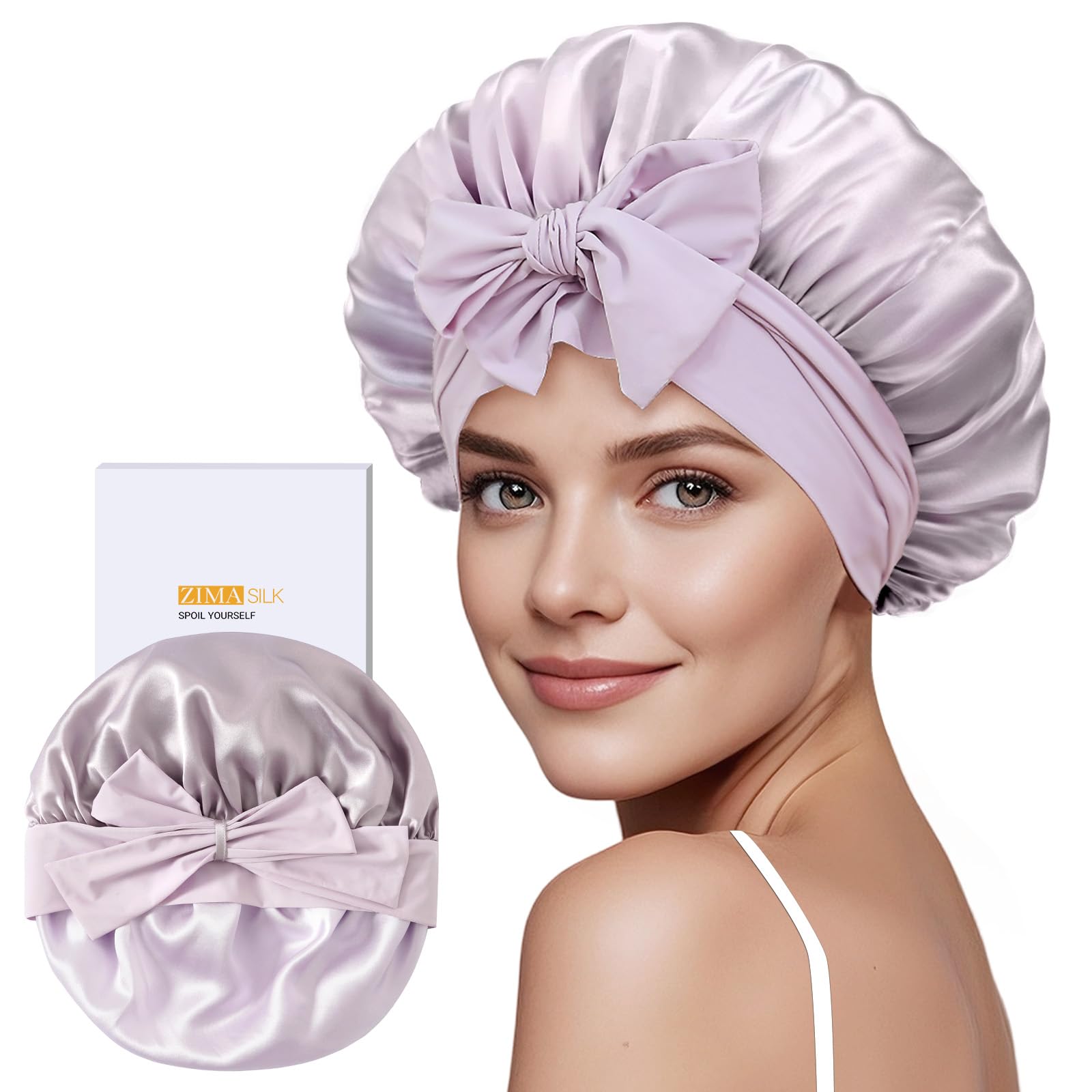 ZIMASILK bonnet on head in purple for gentle overnight protection