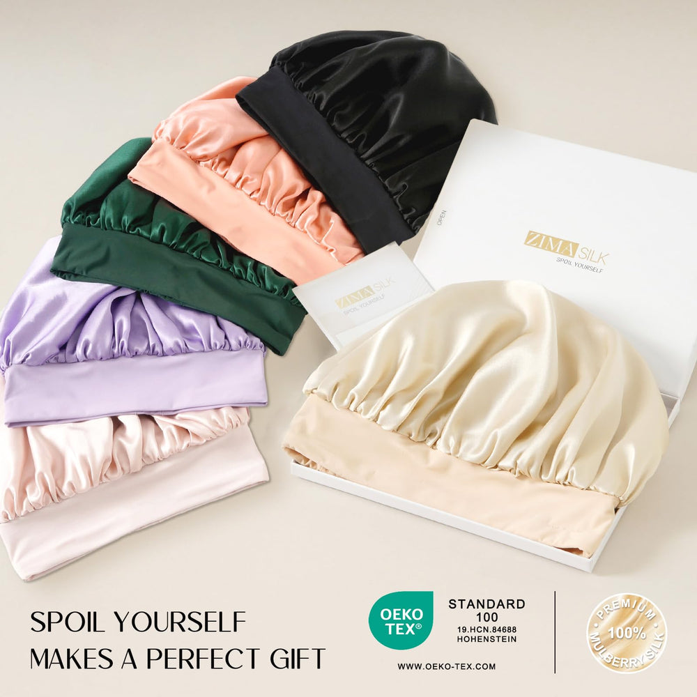 ZIMASILK night routine silk bonnet pink in a dim room for comfortable sleep.