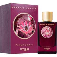 Zimaya Reverie Petals Pour Femme bottle splash captures vibrant cardamom and vanilla notes.