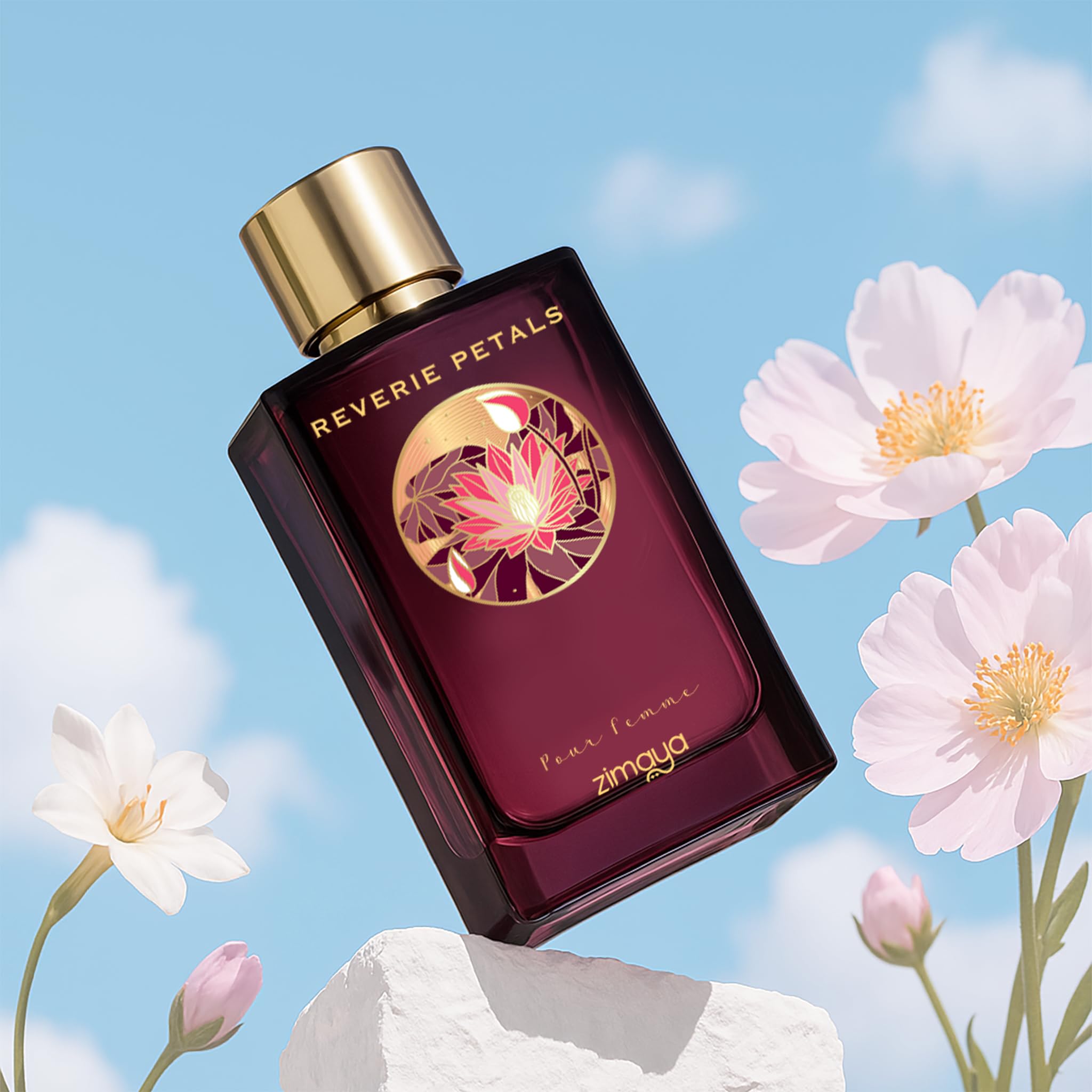 Zimaya Reverie Petals Pour Femme outer packaging highlights premium presentation and gift-worthy appeal.