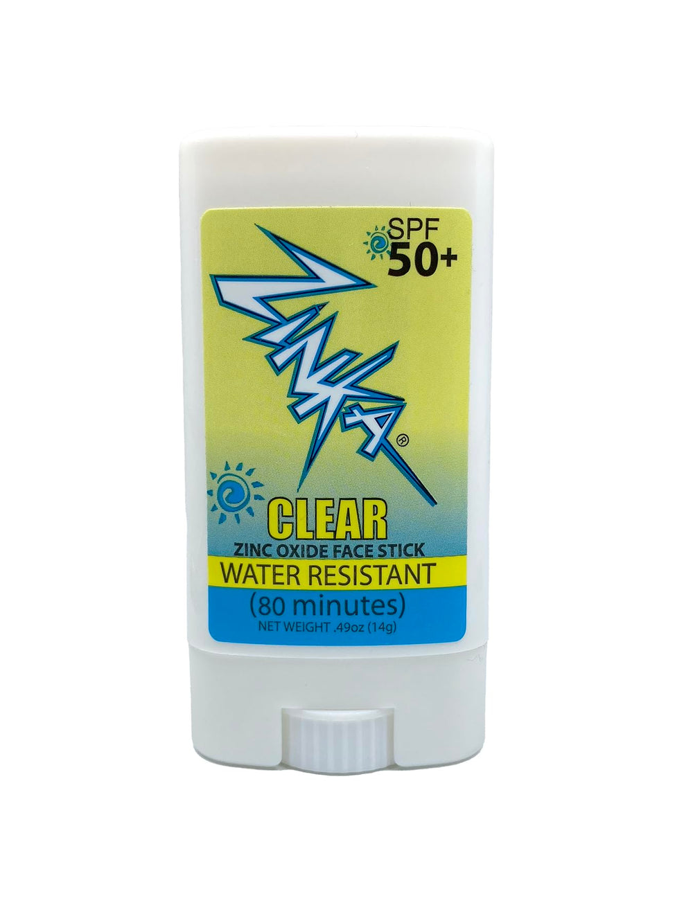 Zinka clear zinc oxide sunscreen stick SPF 50 in a compact case for on-the-go sun protection.