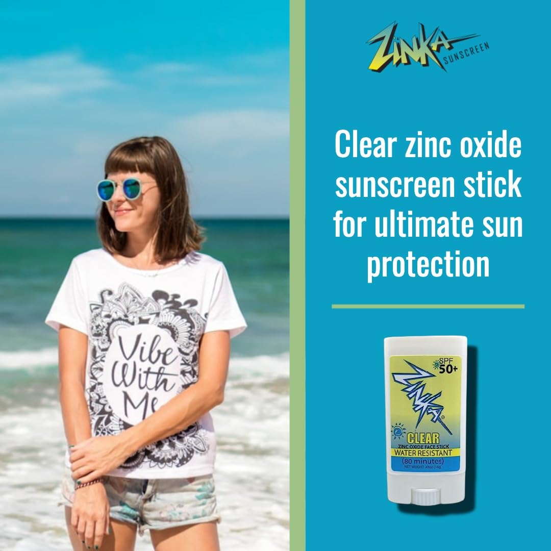 Zinka transparent zinc oxide stick applying on the face for clear coverage.