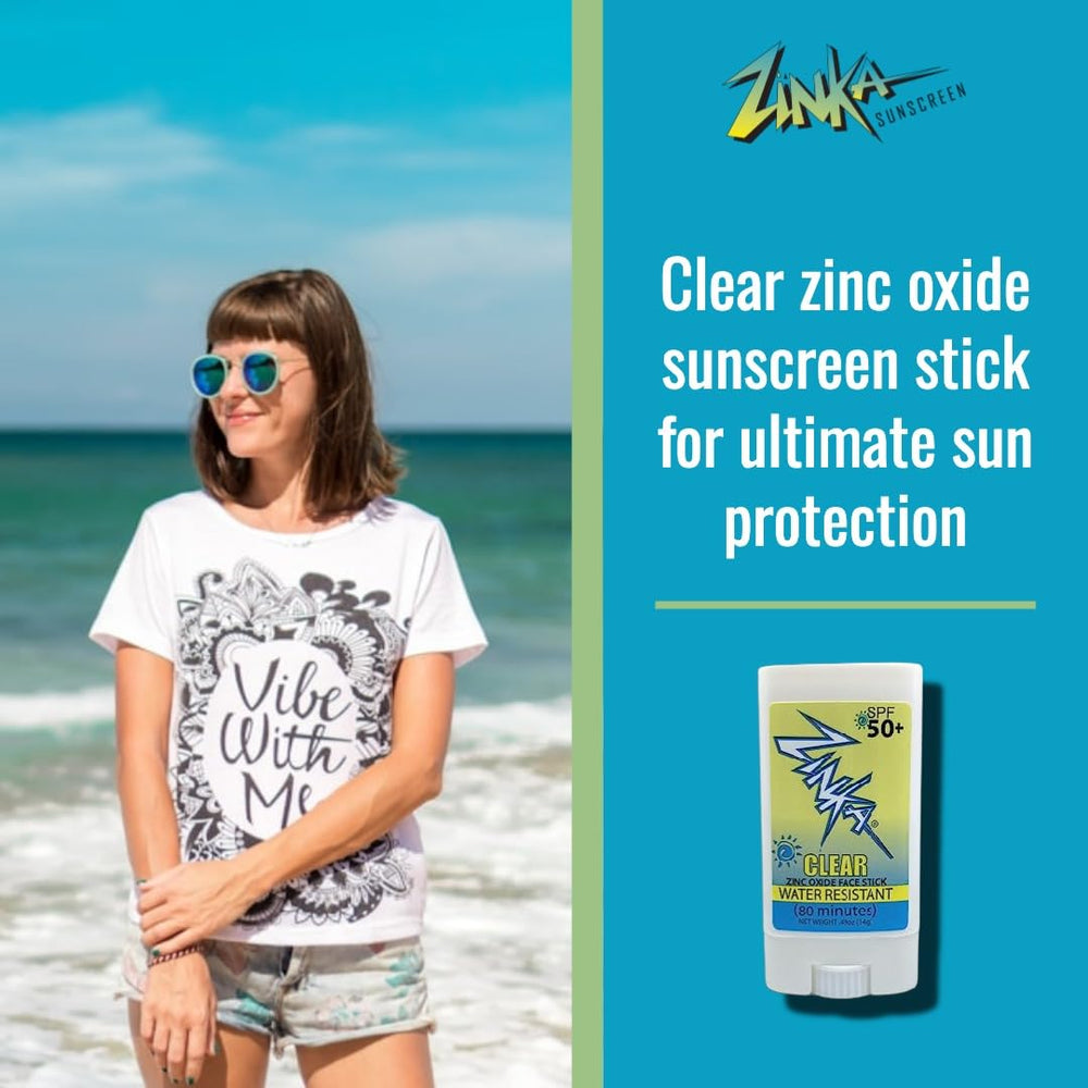 Zinka transparent zinc oxide stick applying on the face for clear coverage.