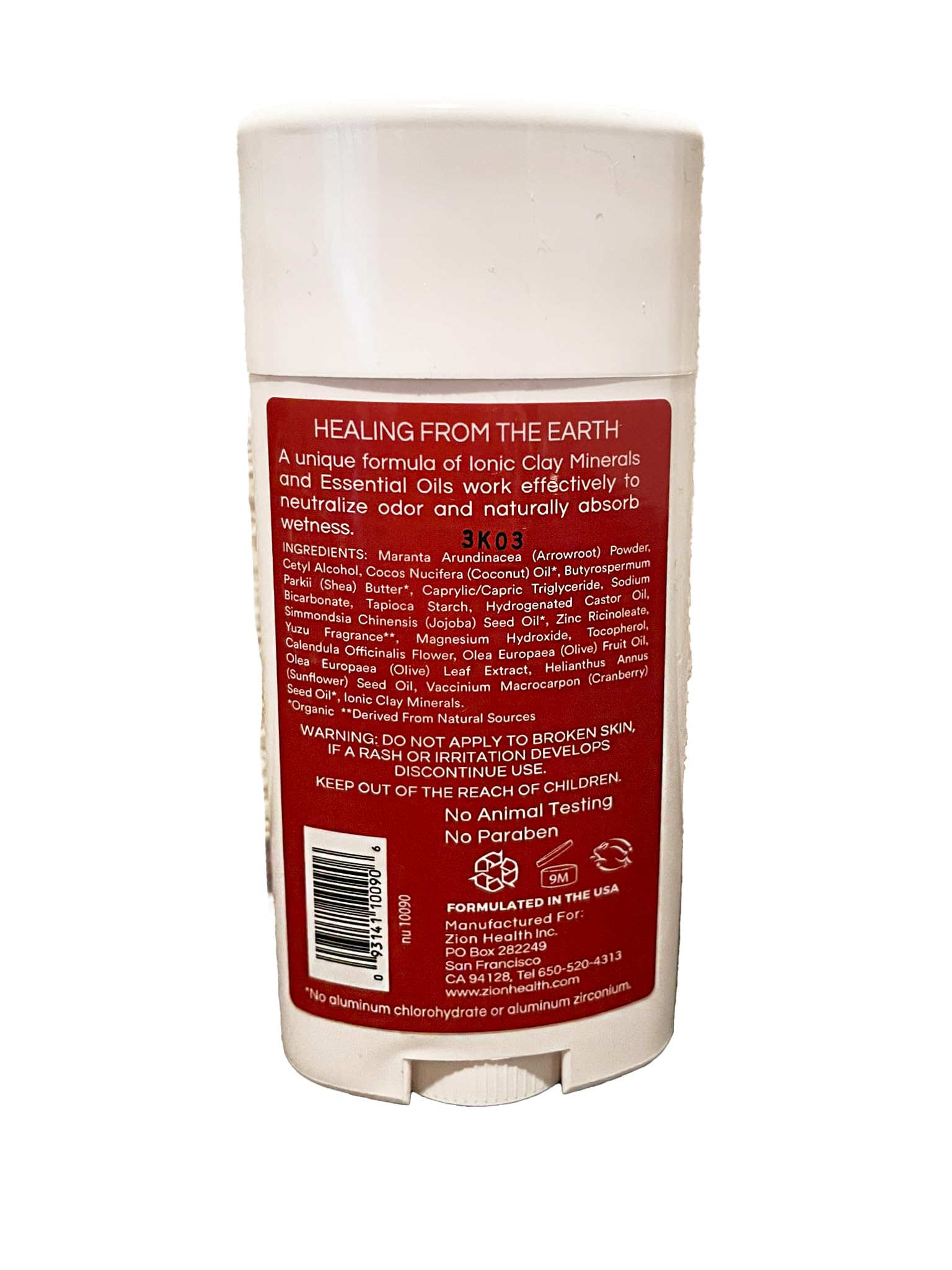 Zion Health clay deodorant original extra strength packaging shows vegan and paraben-free formula.